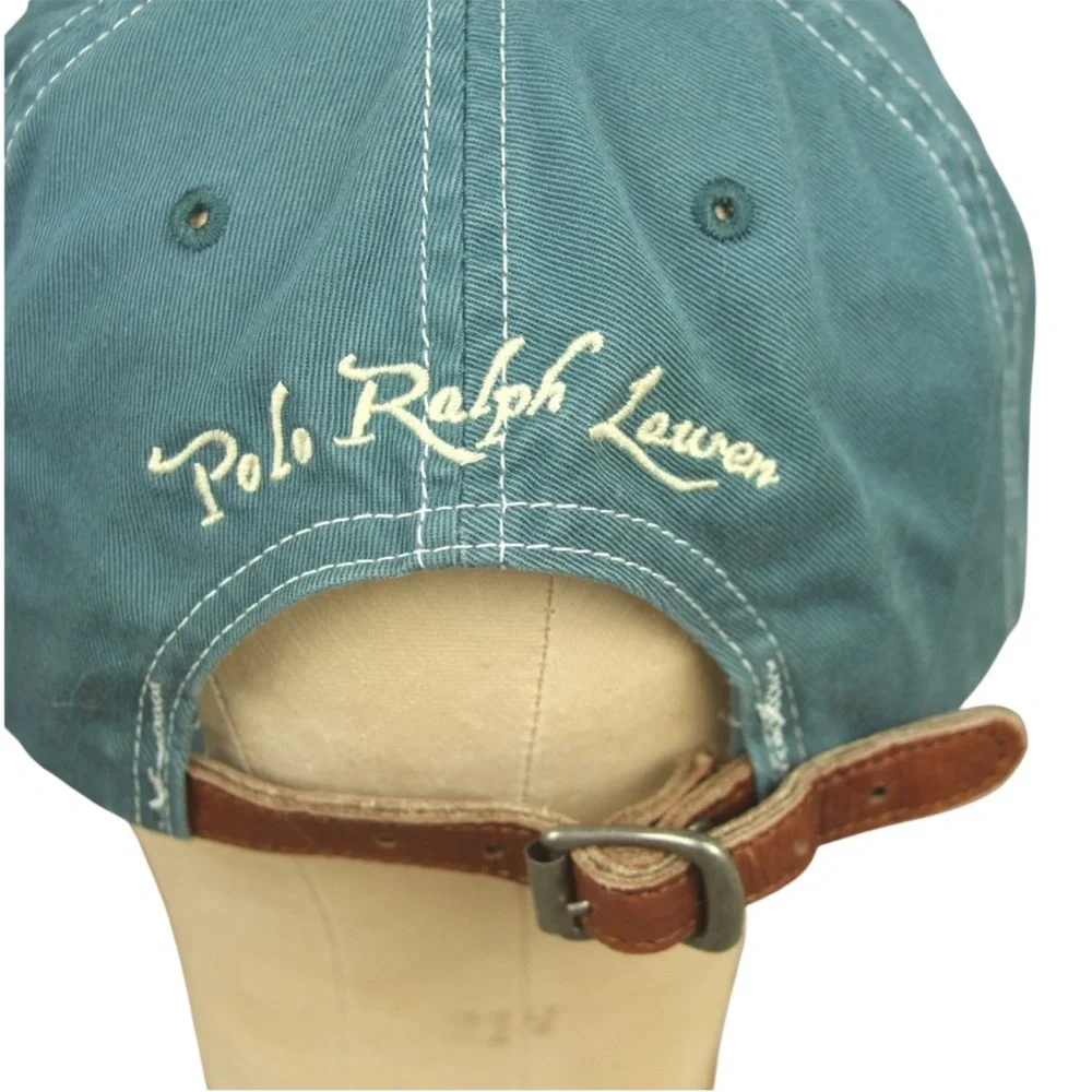VTG Polo Ralph Lauren Cursive Font Emb Logo Leather Strap Hat Adult OS Green EUC